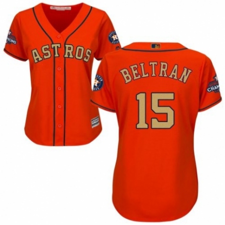 Women's Majestic Houston Astros #15 Carlos Beltran Authentic Orange Alternate 2018 Gold Program Cool Base MLB Jersey