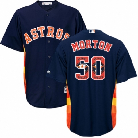 Men's Majestic Houston Astros #50 Charlie Morton Authentic Navy Blue Team Logo Fashion Cool Base MLB Jersey