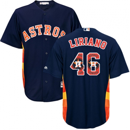 Men's Majestic Houston Astros #46 Francisco Liriano Authentic Navy Blue Team Logo Fashion Cool Base MLB Jersey