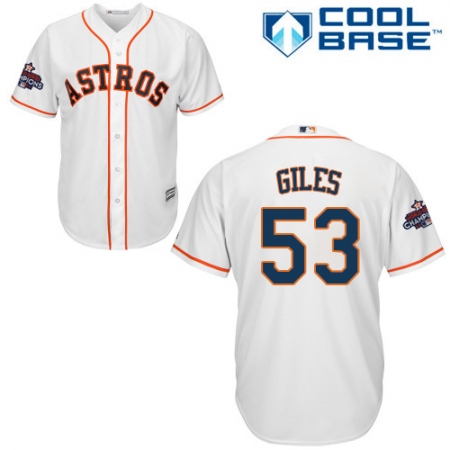 Youth Majestic Houston Astros #53 Ken Giles Replica White Home 2017 World Series Champions Cool Base MLB Jersey